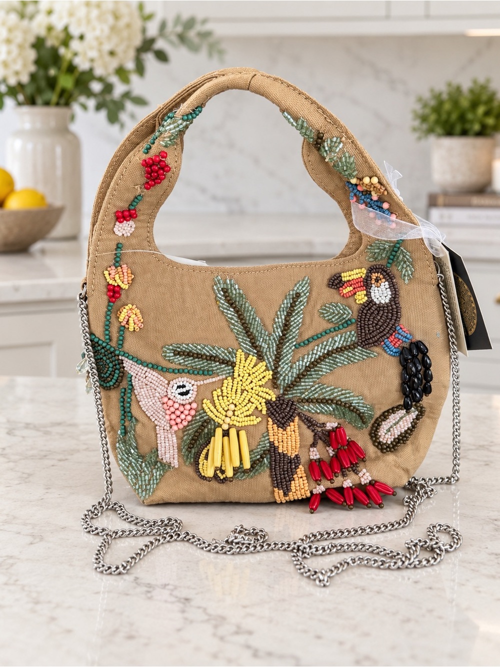 Beaded Tropical Embroidered Tan Women's Shoulder/ Crossbody Bag